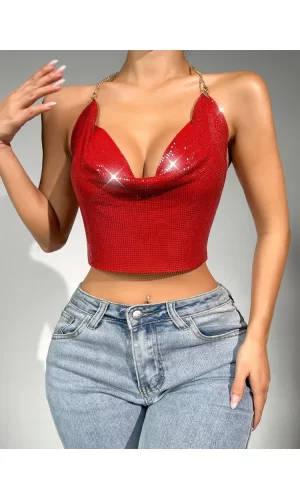 Parlak Kırmızı Crop & Bluz Kolsuz Kayık Yaka Zırh Büstiyer