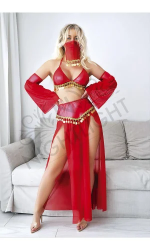 Peçeli Altın Detaylı Fantazi Kırmızı Dansöz Kostümü
