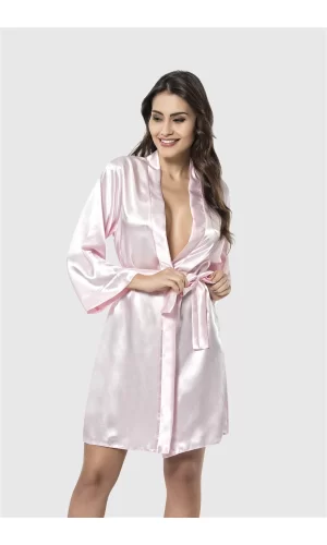 Pembe Kısa Saten Sabahlık