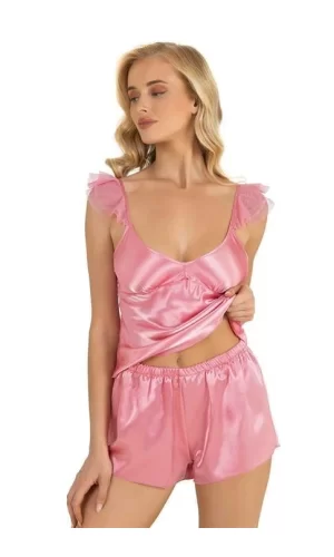 Pembe Saten Şort Takımı 9212
