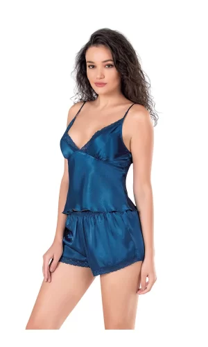 Petrol Mavi Saten Babydoll Şort Takımı