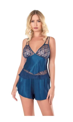 Petrol Mavisi Saten Babydoll Şort Takımı