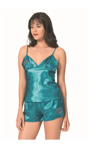 Petrol Saten Babydoll Şort Takımı