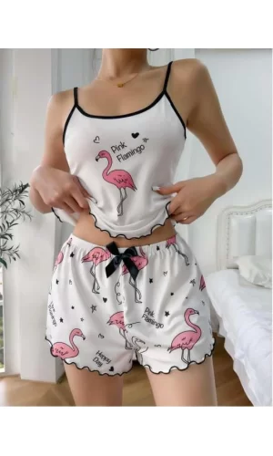 Pink Flamingo Desenli Askılı Şortlu Pijama Takımı