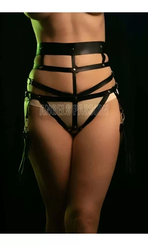 Püskül Detaylı Siyah Deri Fantazi Külot Harness
