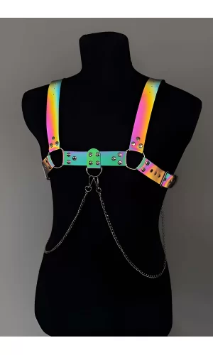 Rainbow Reflektörlü (karanlıkta Parlayan) Zincir Detaylı Şık Erkek  Göğüs Harness, Reflektörlü Clubwear - Brfm109