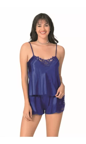 Saks Saten Babydoll Şort Takımı