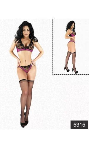 Saten Dantelli Fantazi Çorap Sütyen Tanga Set