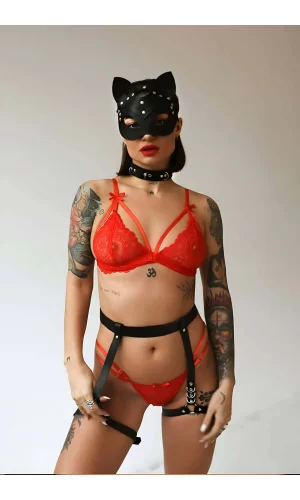 Seksi Deri Maske Tasma Ve Jartiyer Harness Takım - Brf783