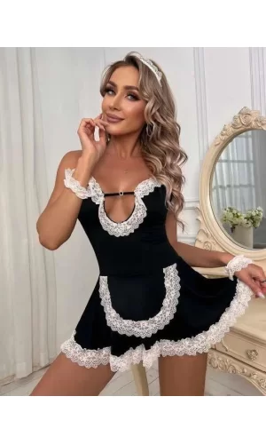 Siyah Beyaz Aksesuarlı Dantelli Fantezi Hizmetçi Kostümü