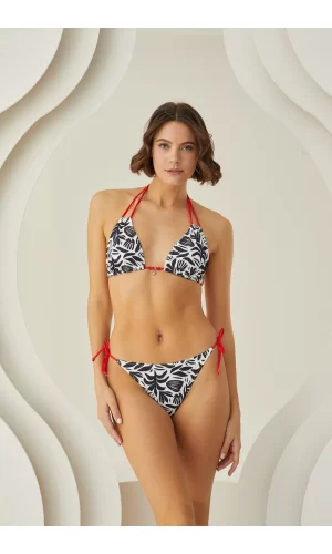 Siyah Beyaz Desenli Kırmızı İp Askılı Boyundan Bağlamalı Bikini Takımı