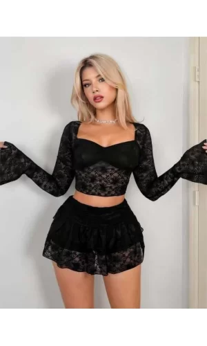 Siyah Dantelli Etekli Fantezi Bolero Bustiyer Takım