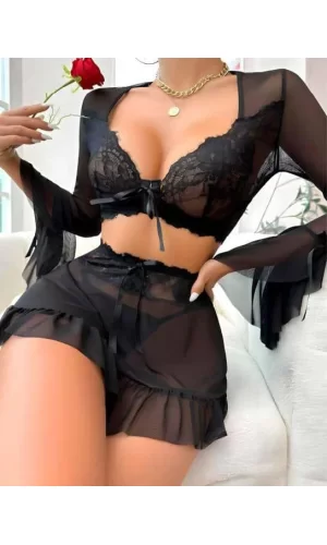 Siyah Dantelli Etekli Fantezi Tül Bolero Sütyen Takım