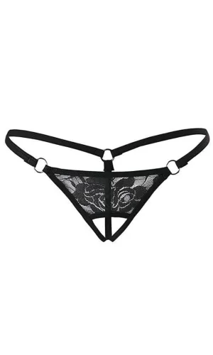 Siyah Dantelli Özel Bölgesi Açık G-string Brf1167