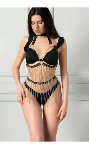 Siyah Deri Zincirli Harness Takım - Brf504
