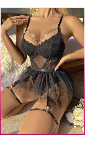 Siyah Göğüs Balenli, Tül Etekli Seksi Jartiyer Takım