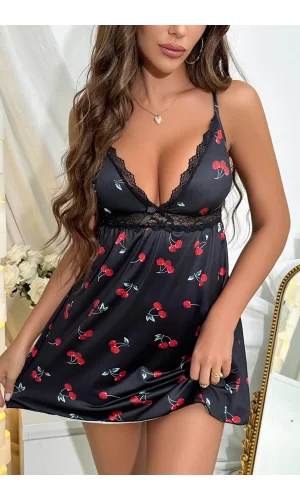 Siyah Kiraz Desenli Mini Gecelik 15765