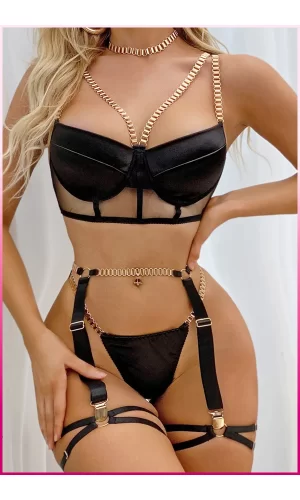 Siyah Merdüven Zincirli Göğüs Balenli Kadın Seksi Jartiyer Takım