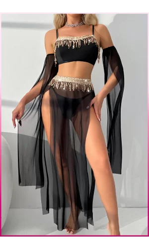 Siyah Pul Aksesuarlı Tül Etekli Kadın Seksi Gecelik