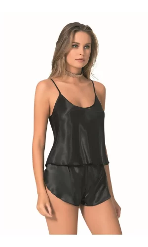 Siyah Saten Babydoll Şort Takımı