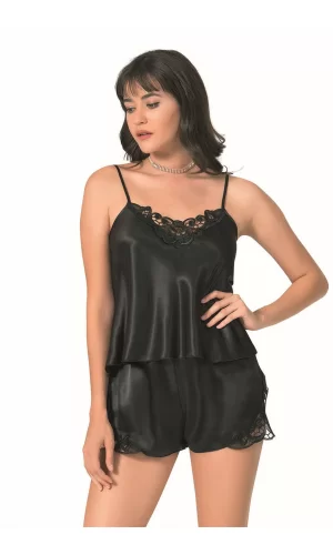 Siyah Saten Babydoll Şort Takımı