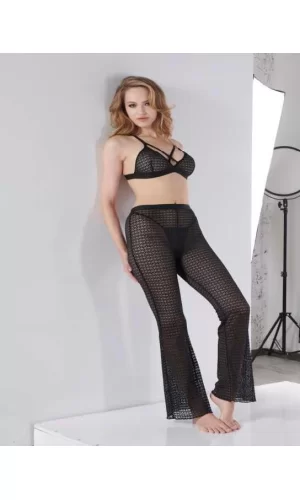 Siyah Transparan Göğüs İp Detaylı Fantezi Sütyen Pijama Takımı