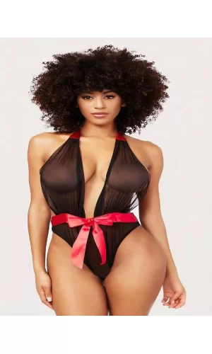 Siyah Transparan Tül Kırmızı Kurdelalı Fantezi Babydoll