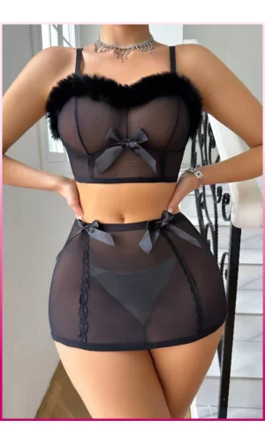 Siyah Tül Kurdele Detaylı Seksi İç Giyim Seti