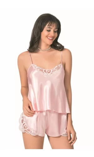 Somon Saten Babydoll Şort Takımı