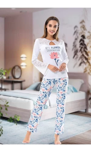 Uzun Kol Dantelli Kadın Pijama Takım 1115
