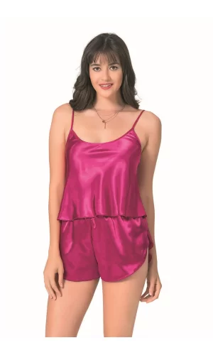 Vişne Saten Babydoll Şort Takımı