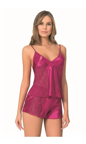 Vişne Saten Babydoll Şort Takımı