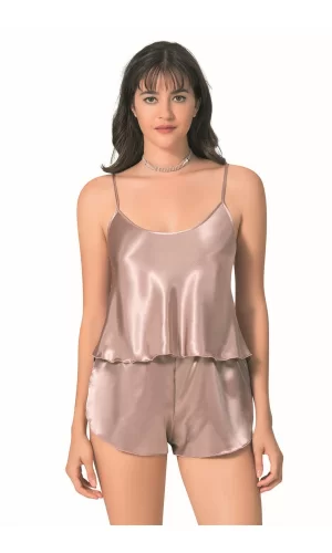 Vizon Saten Babydoll Şort Takımı