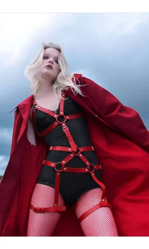 Vücudu Saran Kırmızı Deri Harness Fantazi Giyim - Brf750