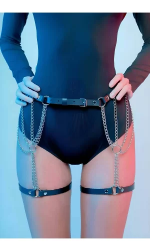 Zincir Detaylı Seksi Deri Belden Askılı Bacak Jartiyer Harness - Brf1323