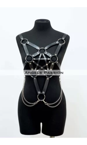 Zincir Detaylı Şık Deri Göğüs Harness, Büstiyer Harness, Deri Göğüs Harness- Brf1399