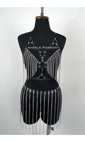 Zincirli Harness Takım, Deri Zincirli Etek Takım - Brf496