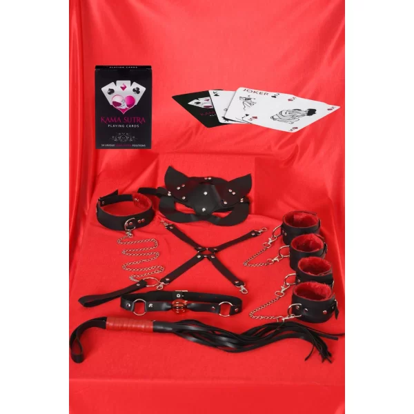 Sexy Görselli Oyun Kartı Kama Sutra 7li Kırmızı Siyah Harness Set