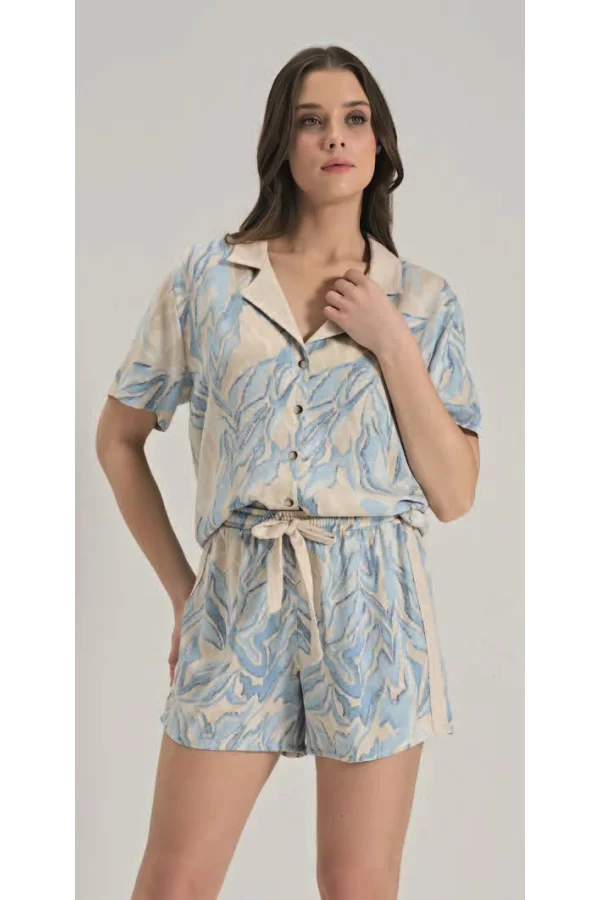 %100 Viskon Dokuma Önden Düğmeli Mavi Şortlu Pijama Takımı