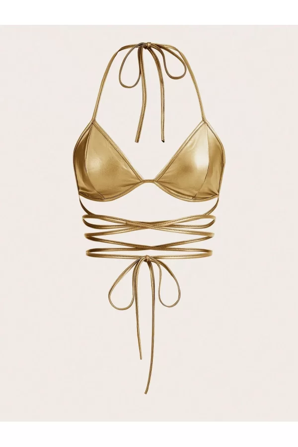 Altın Sarısı Deri Görünümlü Çapraz İpli Bikini Üstü – Bağlamalı, Seksi Ve Parlak