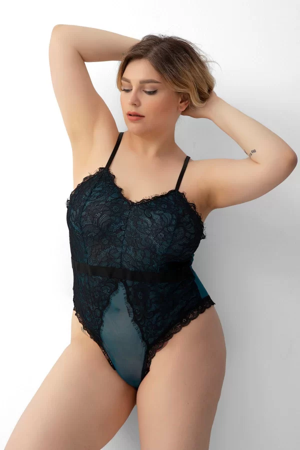 Büyük Beden Seksi Babydoll Gecelik Dantel Yeşil Tül Detaylı