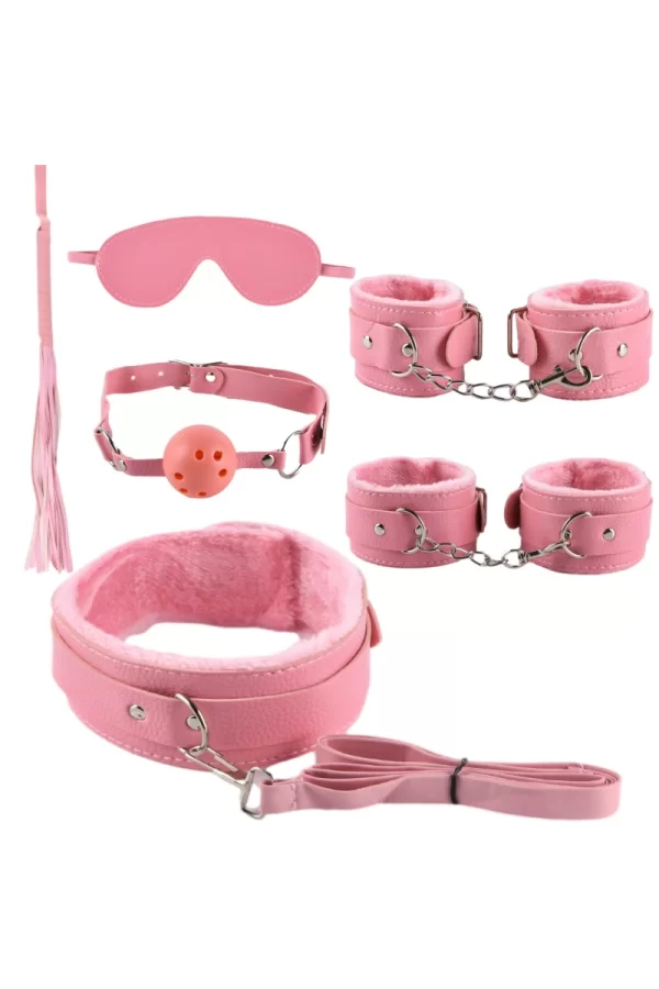 Deri Pembe Harnes Fantazi 7li Kelepçe Kırbaç Fetiş Seti