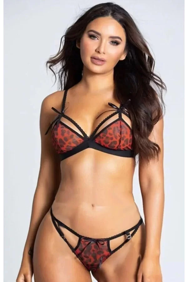 Kadın Kırmızı Leopar Fantezi Seksi İç Çamaşır Takım Gecelik
