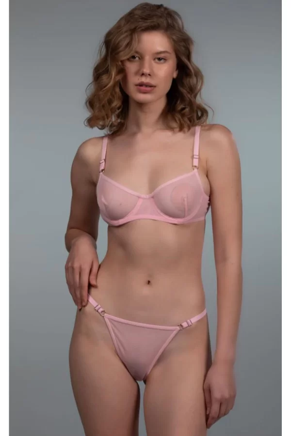 Kadın Seksi Pudra Balenli Sütyen Tanga Takımı Fantezi Transparan Tül İç Çamaşır Takım