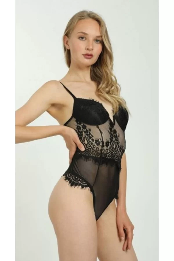 Kadın Siyah Kaplı Dantel Babydoll Badysuit