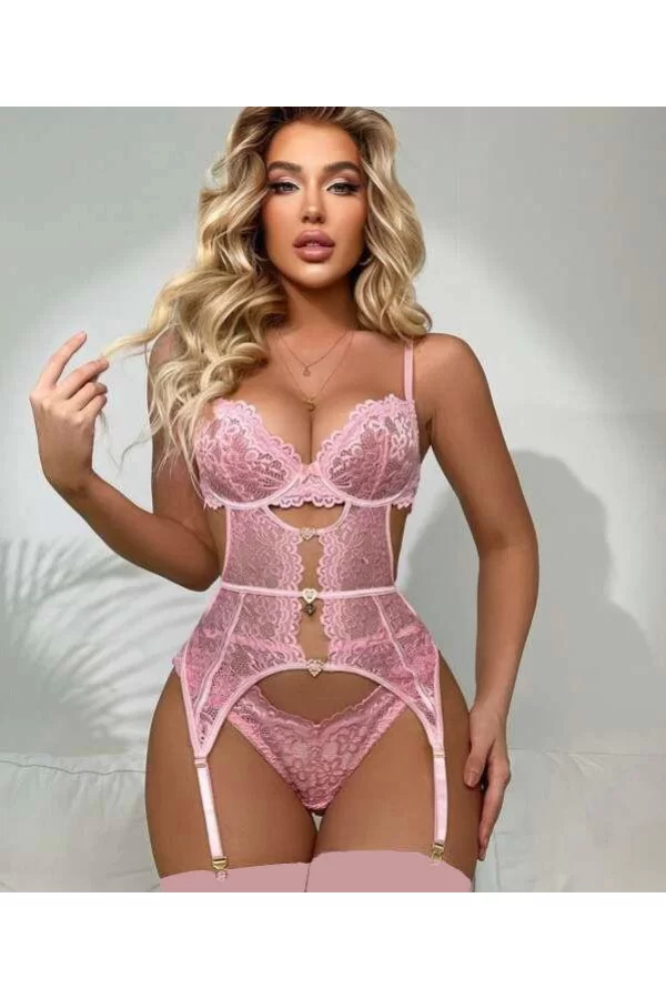 Kalp Aksesuarlı Dantelli Fantezi Pembe Jartiyer Takım