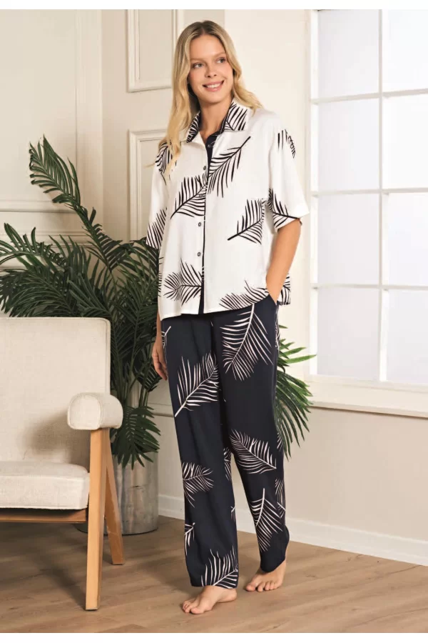 Luz&Pos Arias Closet %100 Viskon Dokuma Lacivert Yaprak Desenli Önden Düğmeli Pijama Takımı