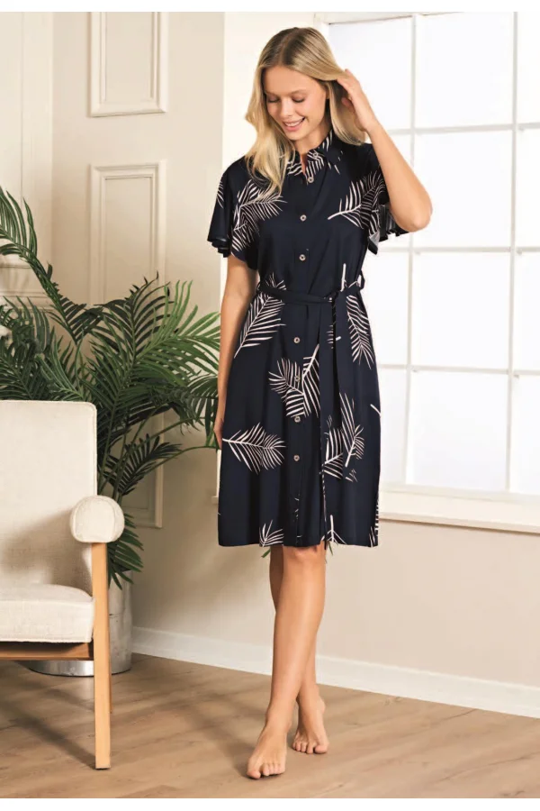 Luz&Pos Arias Closet %100 Viskon Dokuma Lacivert Yaprak Desenli Önden Düğmeli Uzun Elbise