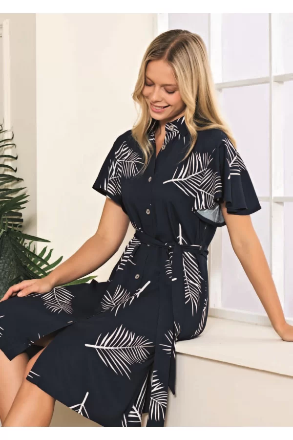 Luz&Pos Arias Closet %100 Viskon Dokuma Lacivert Yaprak Desenli Önden Düğmeli Uzun Elbise
