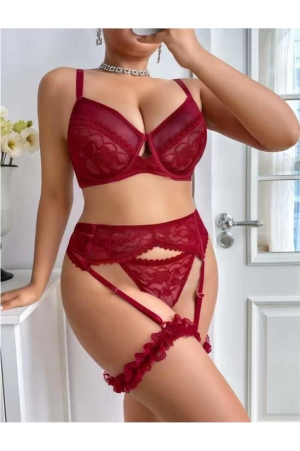 Luz&Pos Arias Closet Büyük Beden Bordo Dantel İşlemeli Sütyenli Fantezi Jartiyer Takımı